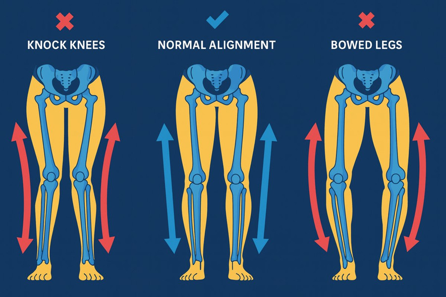 Knock-kneed vs normal vs bow legs
